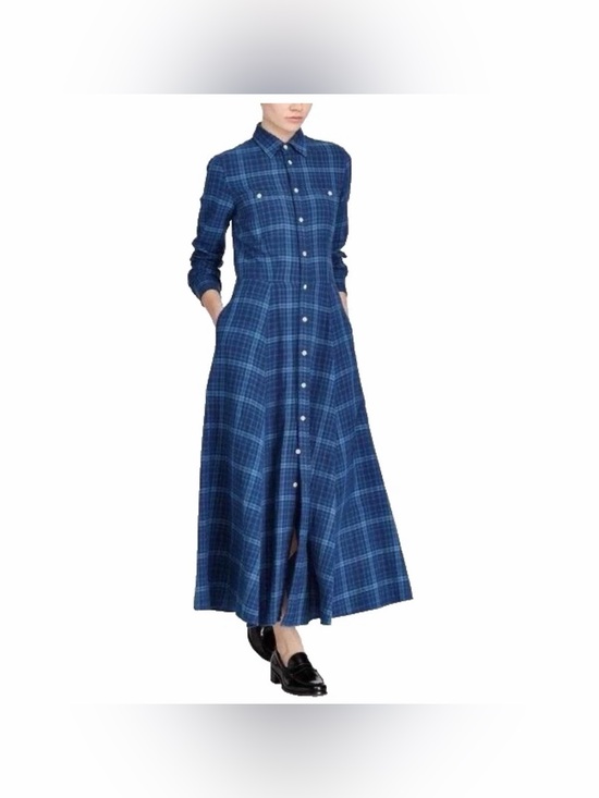 Polo Ralph Lauren Dresses & Skirts - Polo Ralph Lauren Blue Plaid Button-Down Long Sleeve Maxi Shirt Dress Size L